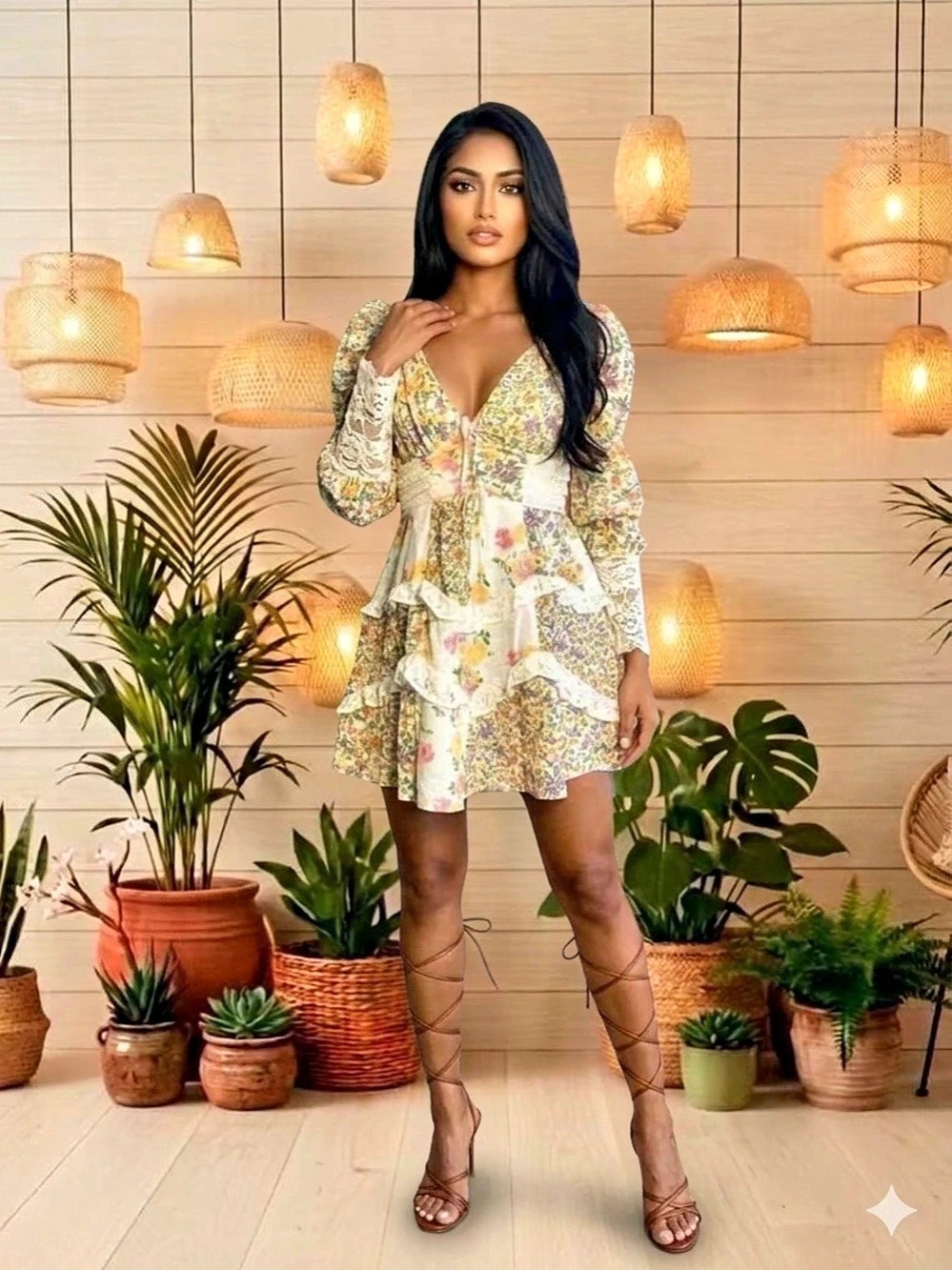 Fall Inspired Patchwork Floral w/Lace Details Mini Dress